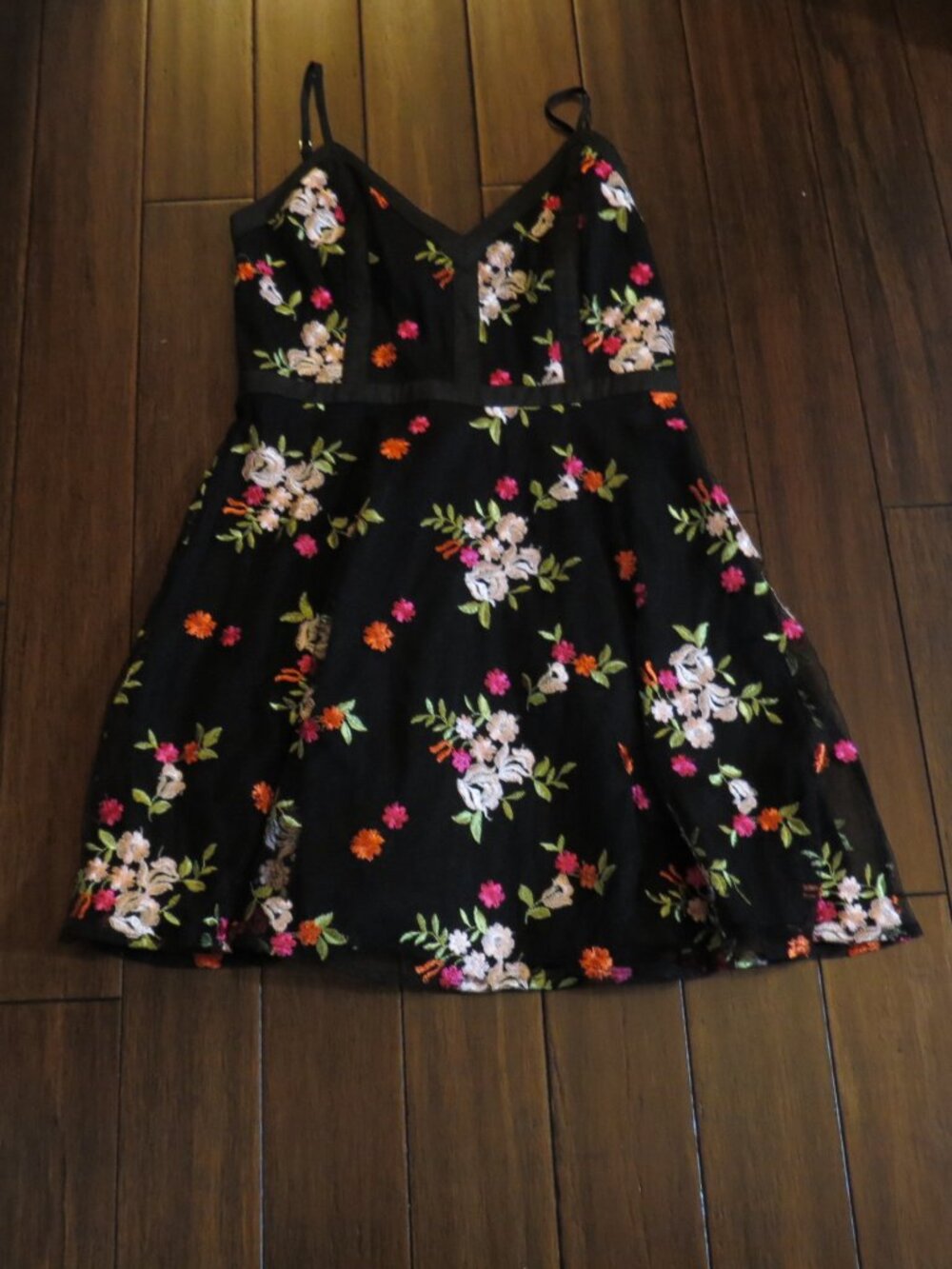 Lulus Favorite Fleur Black Floral Mesh Embroidered Skater Dress Medium